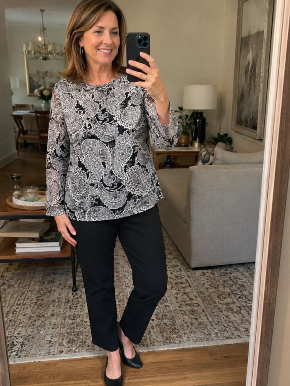 INC International Concepts Black and White Sheer Paisley Blouse